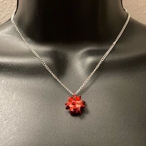 Avon Red Bow Pendant Silver Chain Holiday Necklace Coquette Jewelry